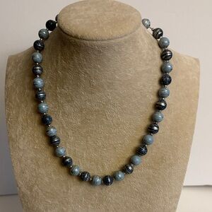 Vintage Blue Beaded Necklace with Small Silver Beads - Elegant Women's Jewelry